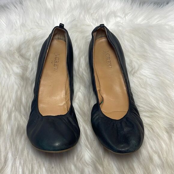 J. Crew Anya Black Leather Scrunch Ballerina Flats Sz 10 - Picture 2 of 6